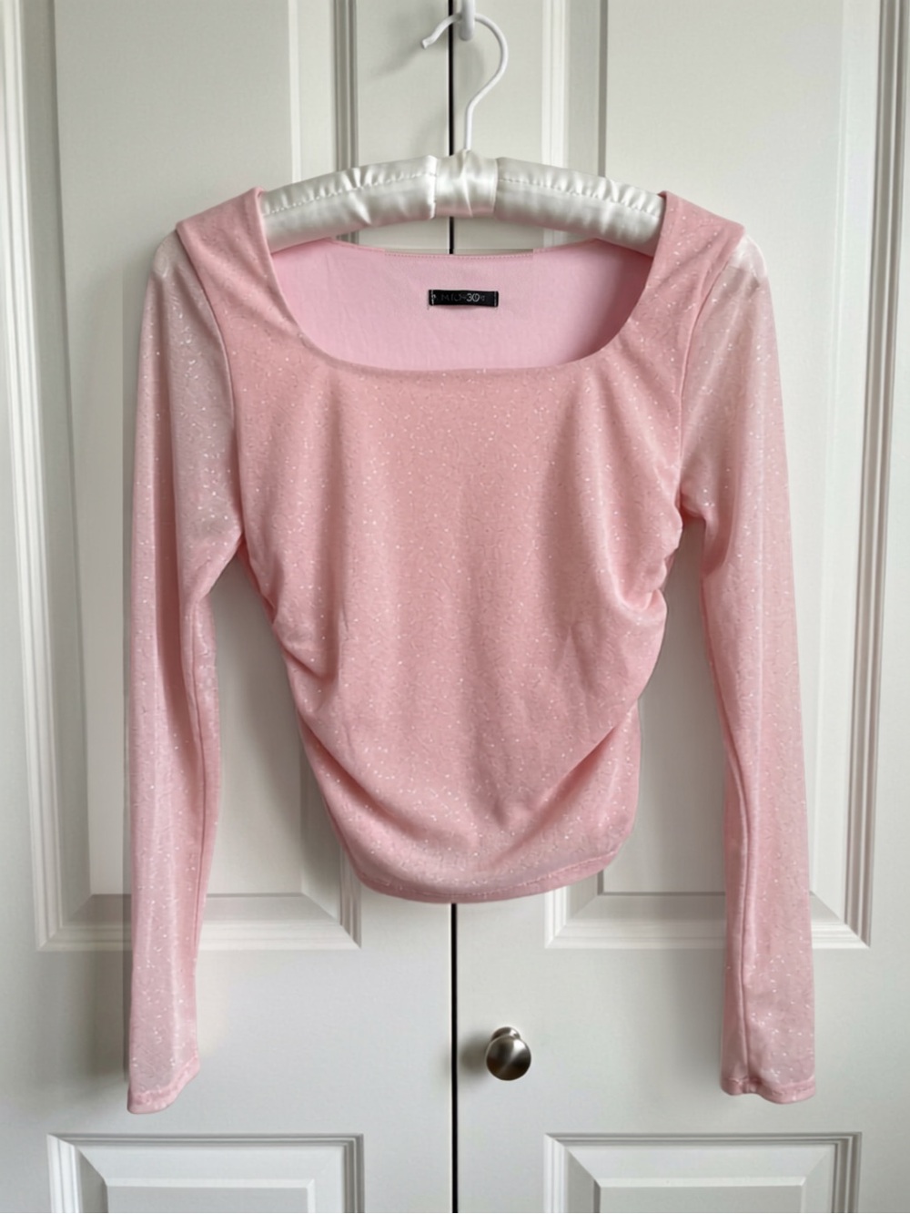 Papermoon NWOT Pink Glitter Mesh Ruched Long Sleeve Top Y2K Coquette Size Large